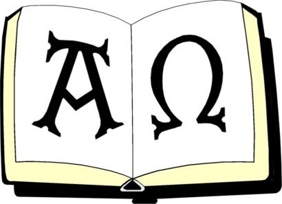 Alpha und Omega als Zeichen in der aufgeschlagenen Bibel