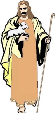 Jesus Christus als Hirte trägt ein Lamm.