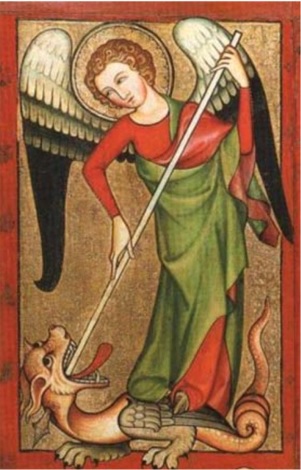 Abbildung des Erzengel Michaels als Drachentöter auf dem linken Flügel des Altenberger Altars